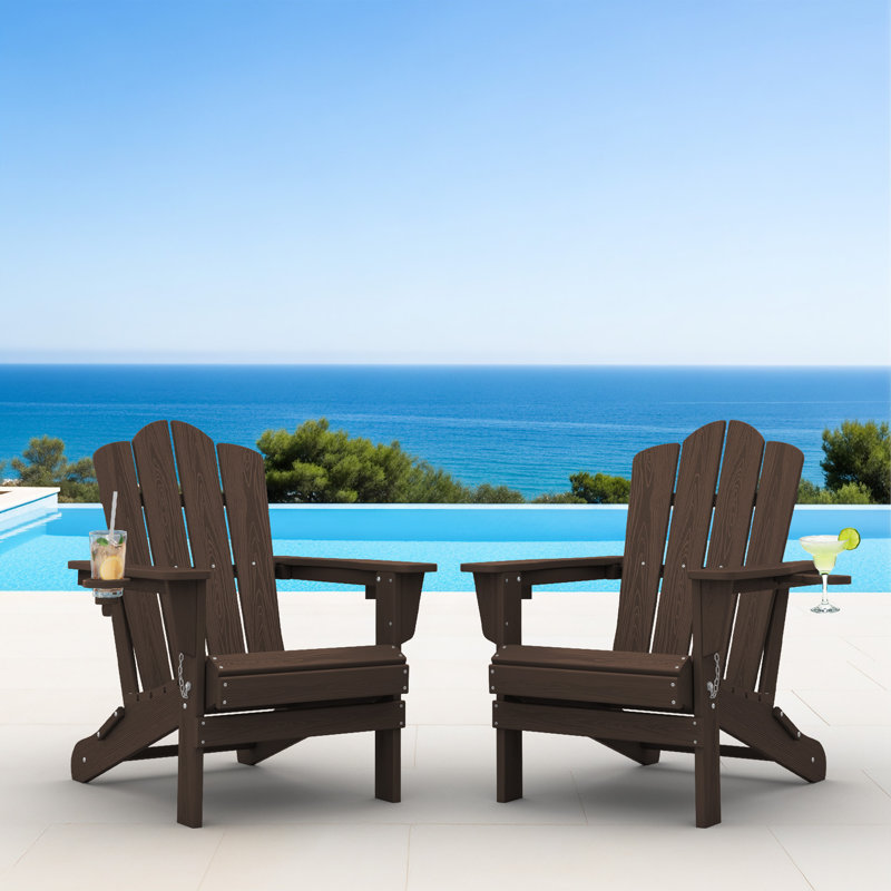 Ayanda HDPE Folding Adirondack Chair With Dual Cup Holder(Set Of 2), Coffee