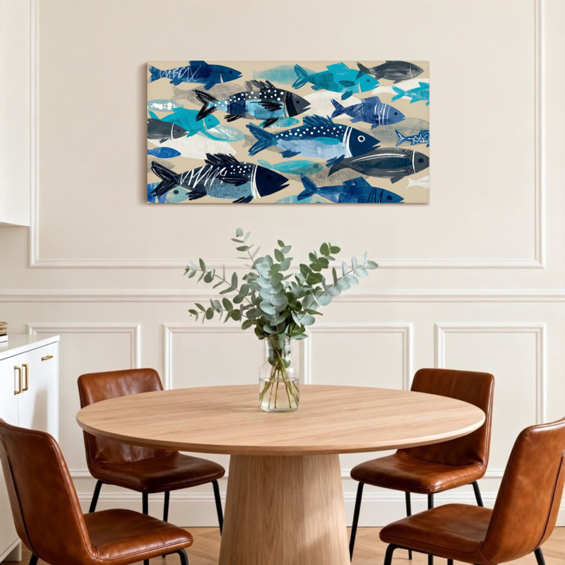 Animals Blue Fish Swimming Pattern Art Print, 28" H x 58" W