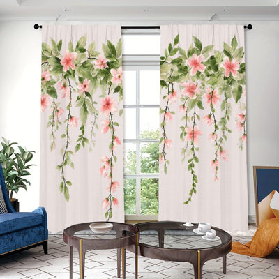 2 Panels Blooming Pink Floral Vine Pattern Light Filtering Curtain Watercolor Botanical Garden Design Rod Pocket Design All Season Window Curtains for Living Room Bedroom Study and Cabinet Decoration
