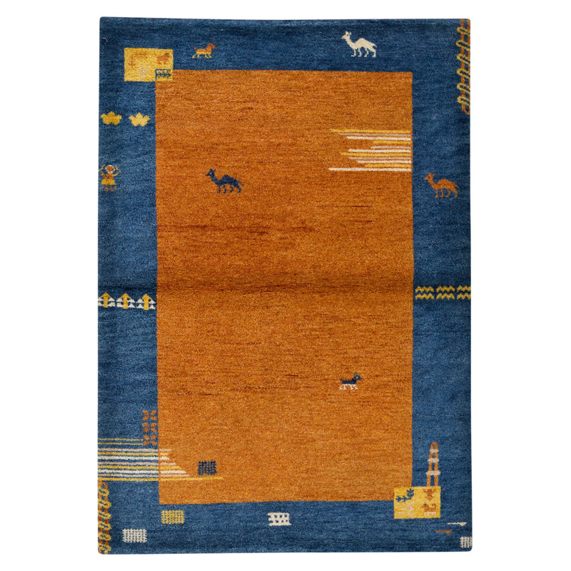 Hand Knotted Wool Area Rug in Rust And Navy