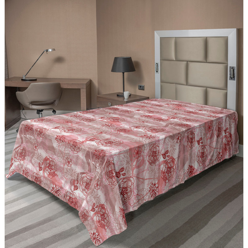 Ambesonne Tropical Boho Flat Sheet Flamingo Floral Print Ruby Pale Ruby Off White