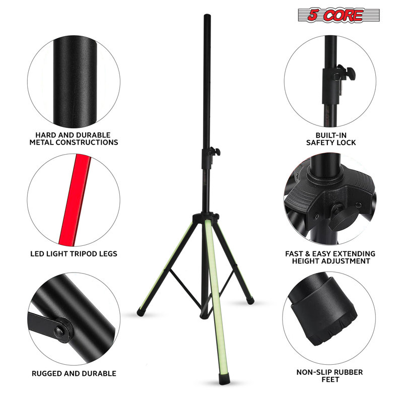 5 Core Universal Speaker Stand w Mount Bracket LED Lights Adjustable Height 40 - 72" Capacity 132lb