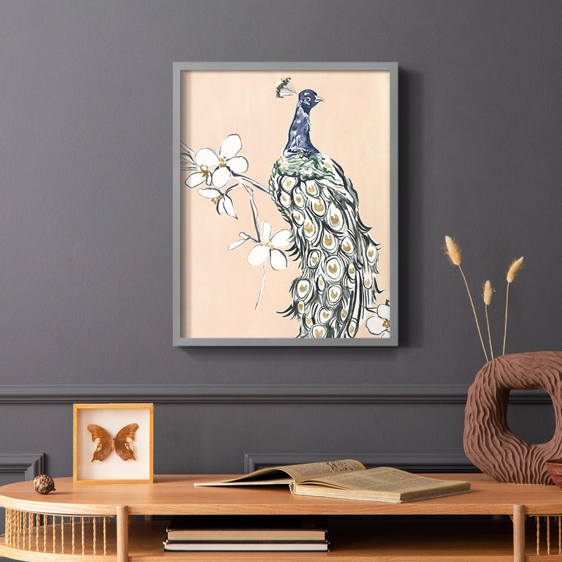«Peacock in Gold III», reproduction encadrée - bois massif, Gris, H 10 po x l 8 po
