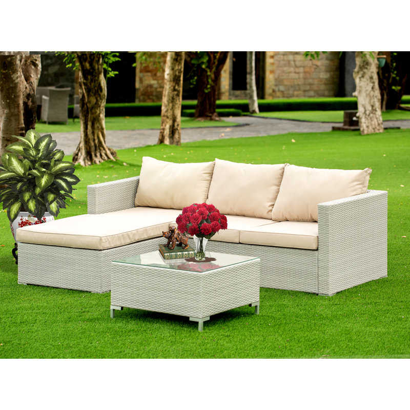 3 Piece Patio Furniture Set - Outdoor Sectional Sofa Set Contains a Rectangle Glass Top Bistro Wicker Tea Table and Linen Fabric Cushion , Natural Linen