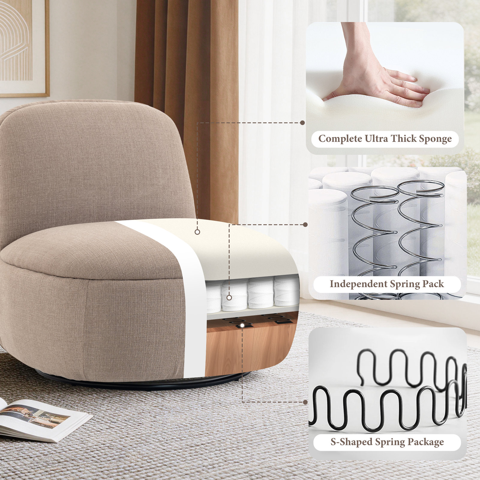 Upholstered Swivel Accent Chair, Light Brown Polyester