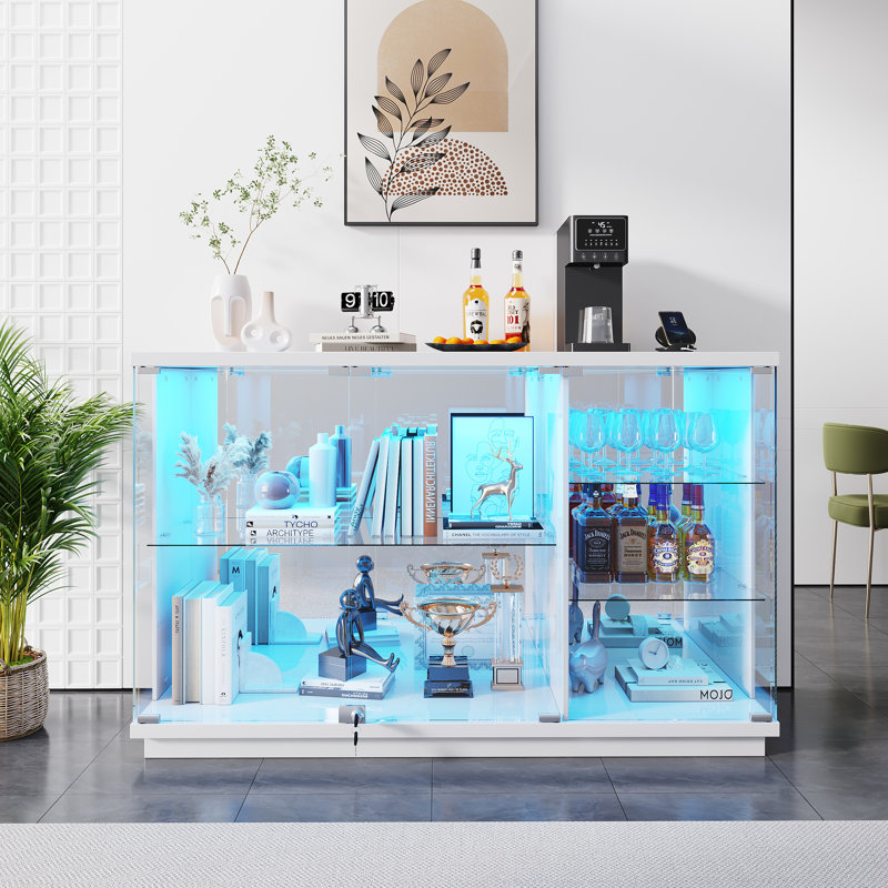 47.24'' Sideboard, Modern Buffet with Clear Glass Doors, Display Case with LED Lights, USB Port, Type-C Port and Motion Sensor