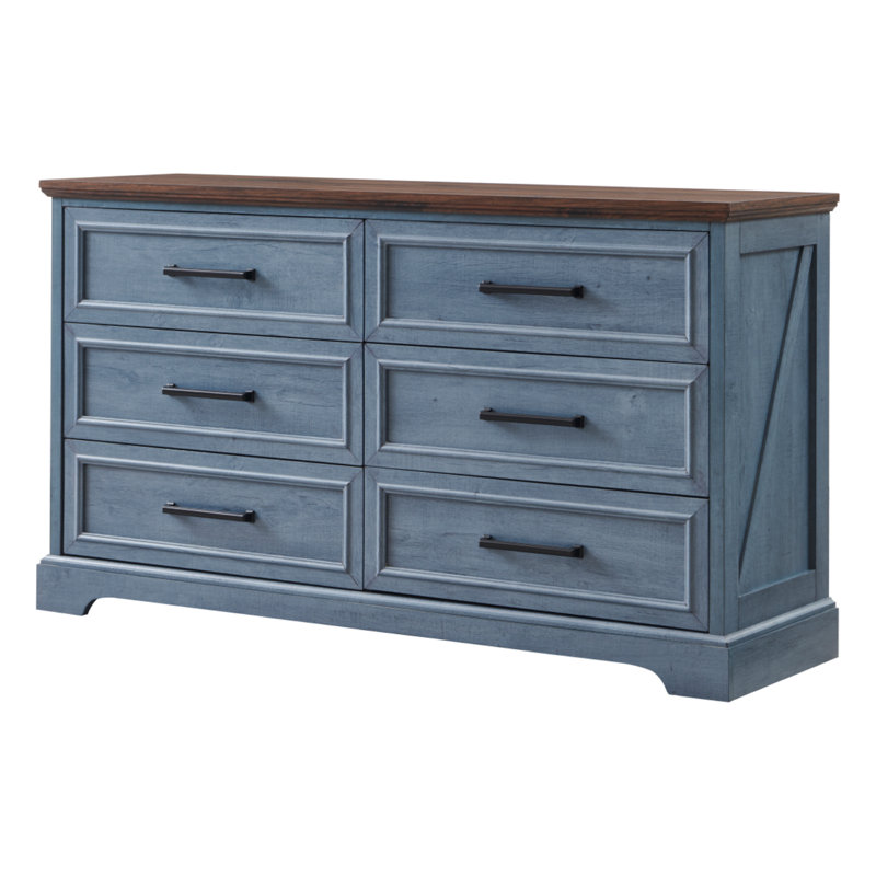 Blue and Brown 52" Farmhouse 6-Drawer Dresser with Rustic Wood