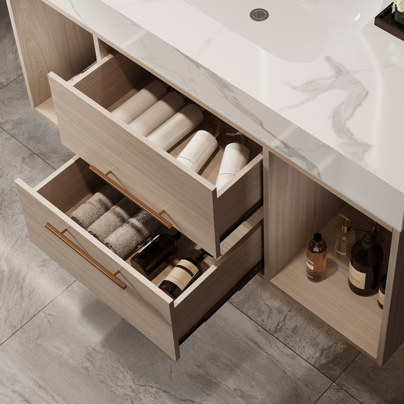 Meuble-lavabo flottant 39,4 po avec lavabo en céramique, 2 tiroirs à fermeture en douceur et plateau en ardoise blanche