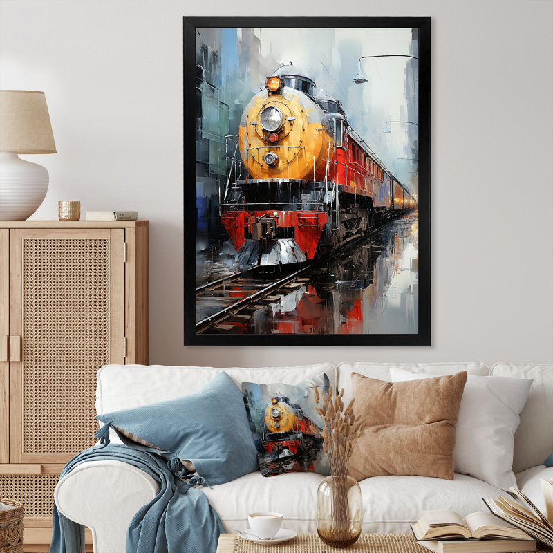 Jaune - train rouge - impression, Cadre photo noir, H 32 po x l 16 po x P 1 po