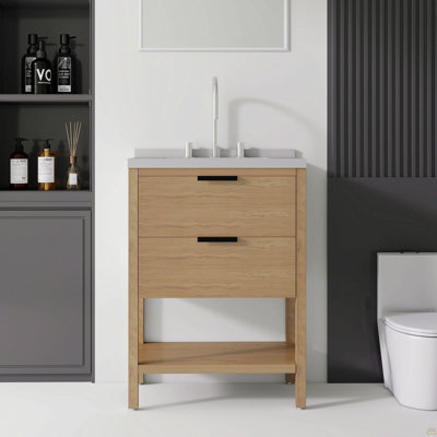 Meuble-lavabo autoportant de 24 po avec lavabo, porte à fermeture en douceur, comptoir et dosseret en marbre de granite blanc de 2 po, contreplaqué, chêne
