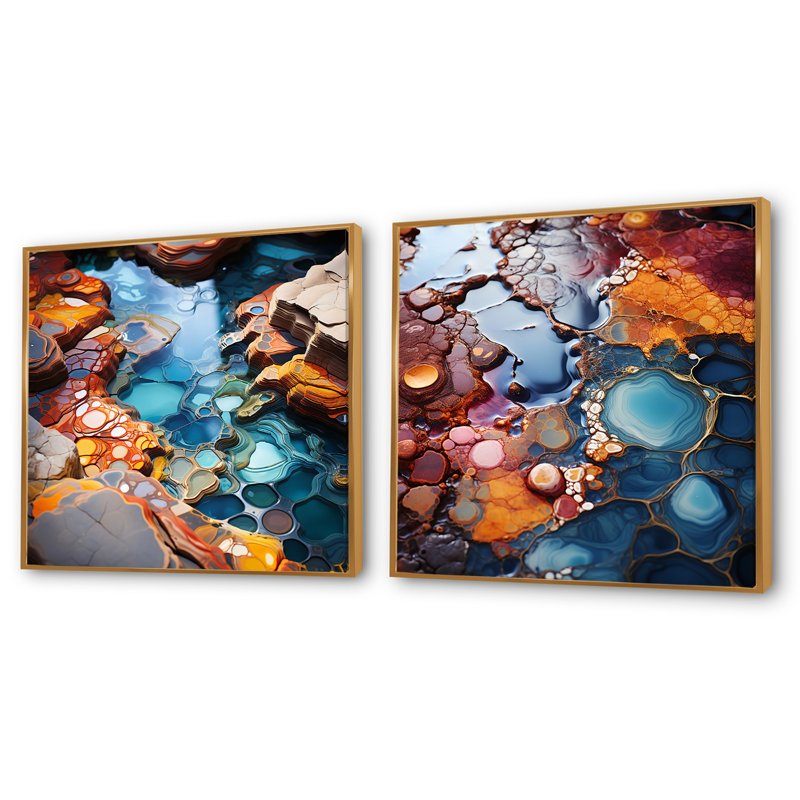 Intertwine Water Fusion - Ensemble de 2 collages carrés de paysages abstraits, Cadre flottant doré, H 36 po x l 73 po