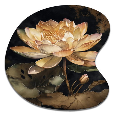 Blooming Vintage Lotus In The Pond I - Floral Lotus Drop Shape Assymterical Metal Wall Art