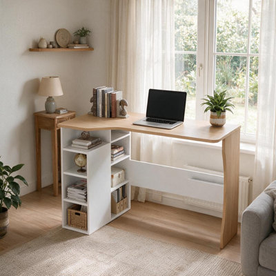L-Shaped Corner Desk with Storage Shelves, Reversible Compact Computer Desk for Small Spaces