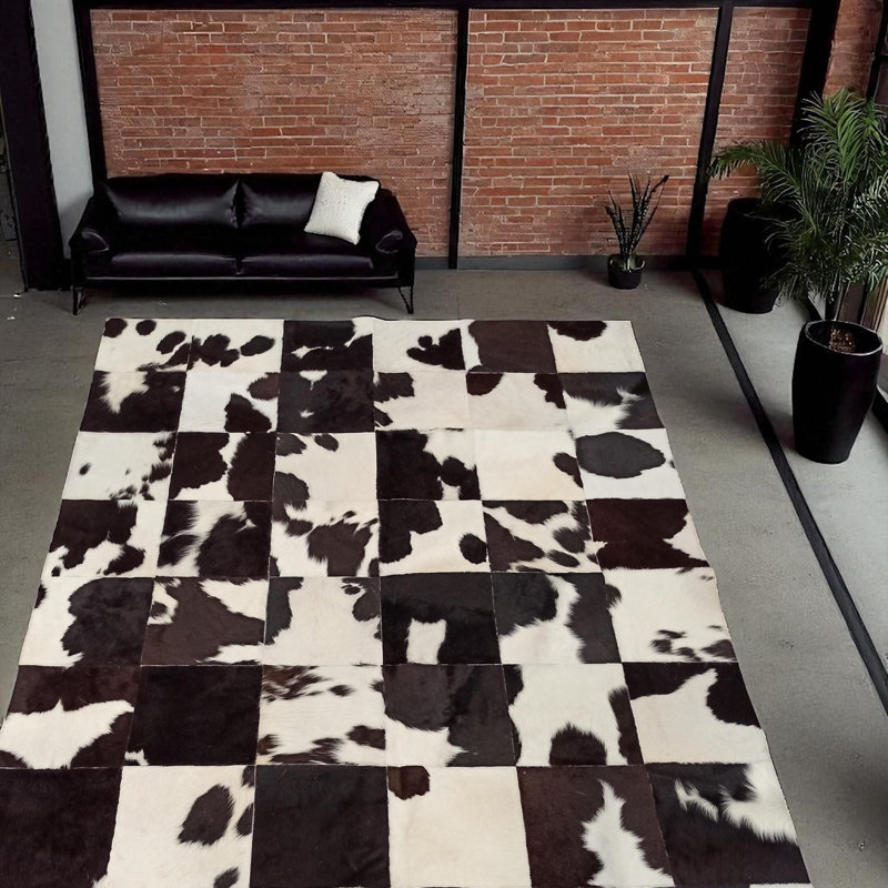 Tapis noir et blanc en patchwork de cuir de vache, tapis en cuir véritable, tapis en cuir de vache brésilien fait à la main, tapis d'entrée de taille personnalisée, décoration rustique_3 x 5 pi