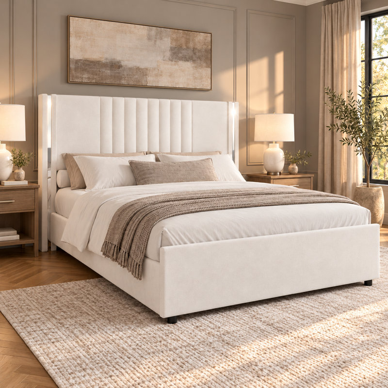 Lit plateforme tapissier Velvet, Lit double, Blanc