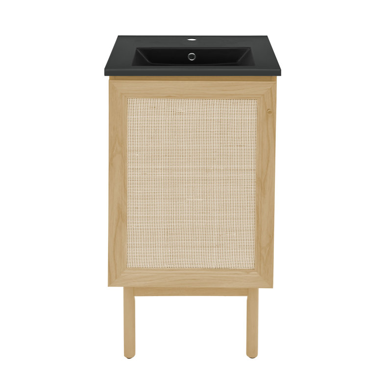 Meuble-lavabo autoportant de 45,7 cm (18 po) en chêne naturel avec dessus de lavabo noir