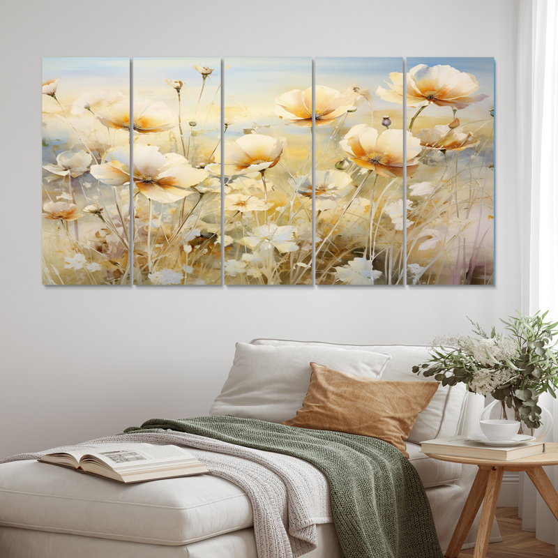 «Flower Field Of Blossoming White Popies» - Art mural sur toile coquelicots - 5 panneaux égaux