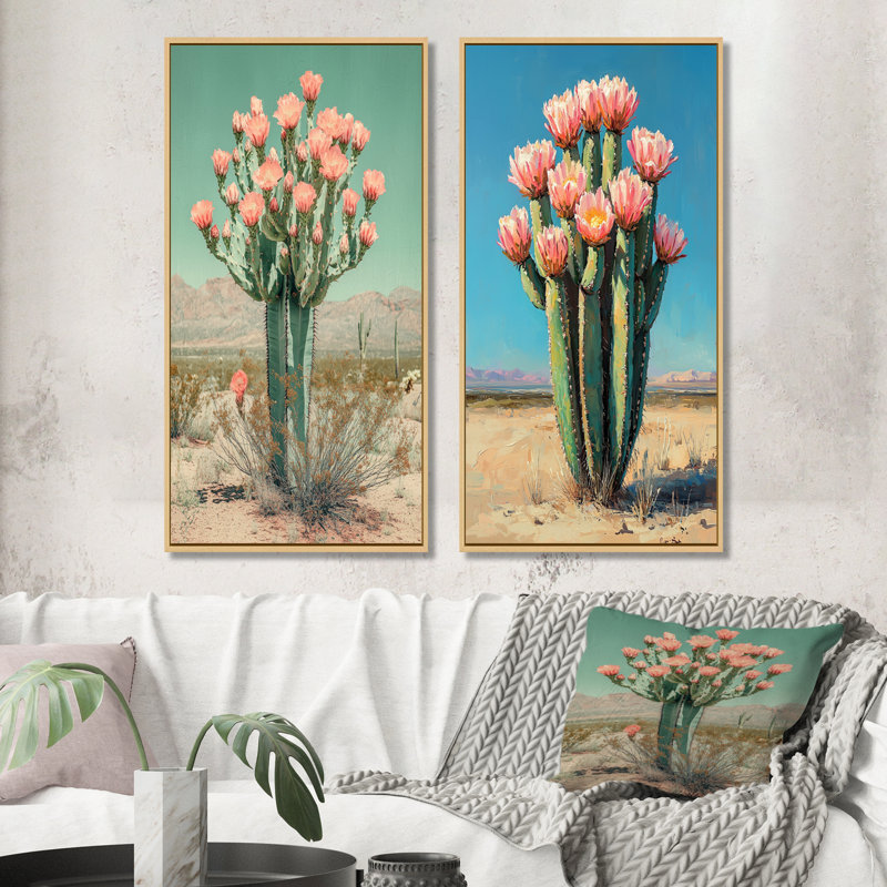 Pastel Cactus Bloom In The Desert I - Collection d'art floral sur toile 2 panneaux, Cadre crème crème, H 32 po x l 33 po
