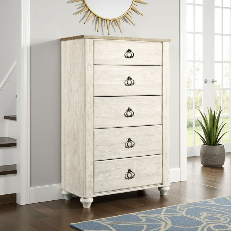 Commode haute Isla, 5 tiroirs, finition bois brun, blanc délavé rustique