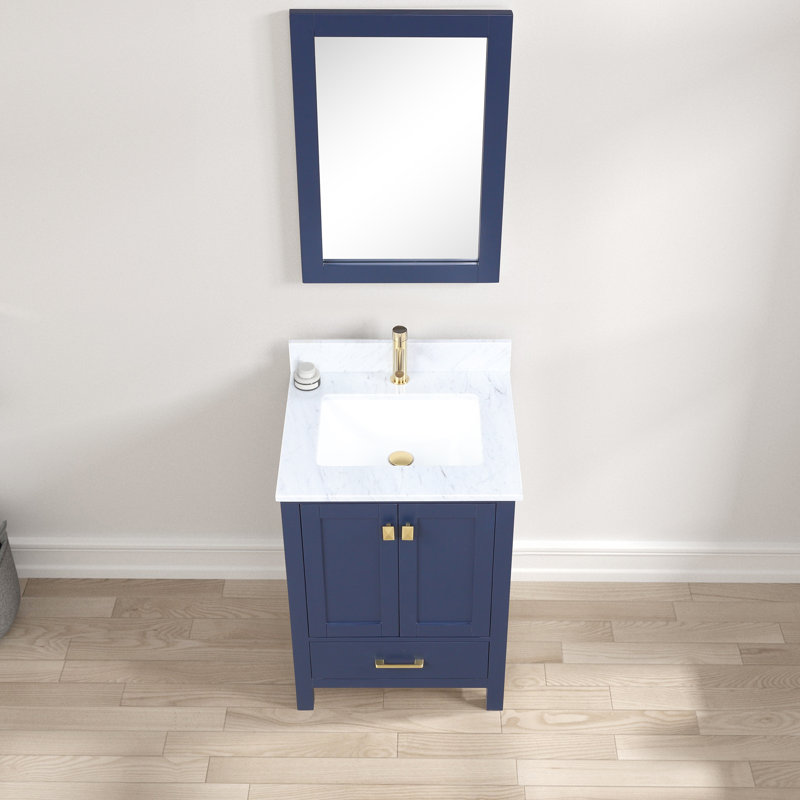 Meuble-lavabo simple 25 po avec plateau en marbre de Carrare et miroir Vallee, Bleu