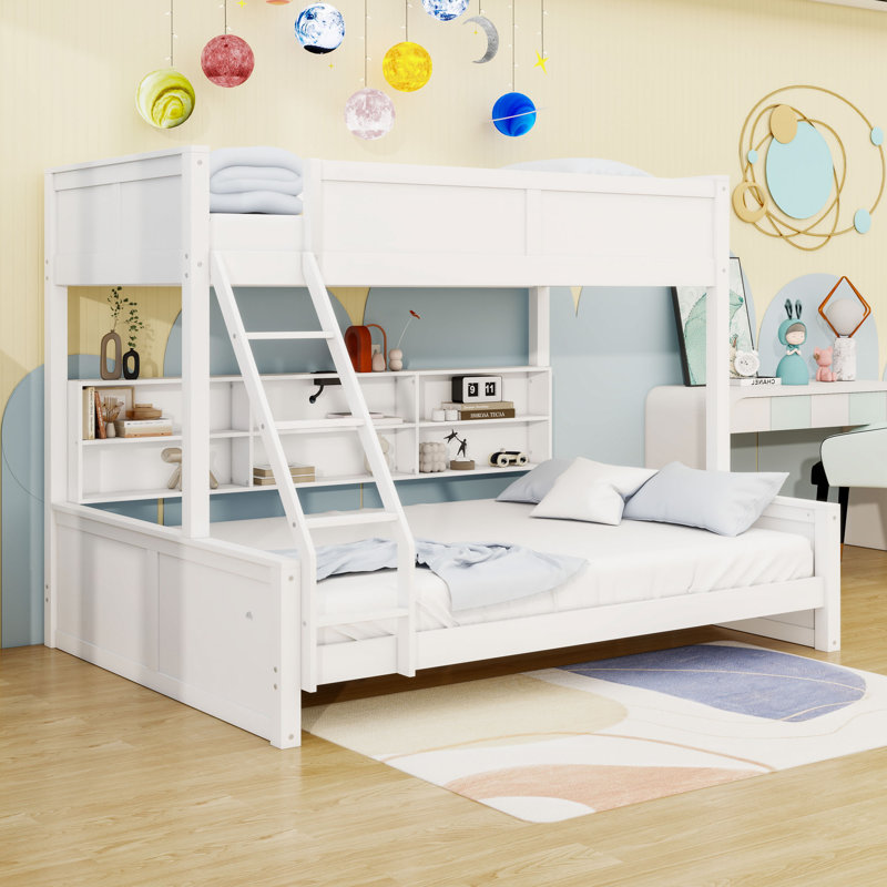 Lit superposé en bois avec ports USB, tablettes et échelle, Blanc antique