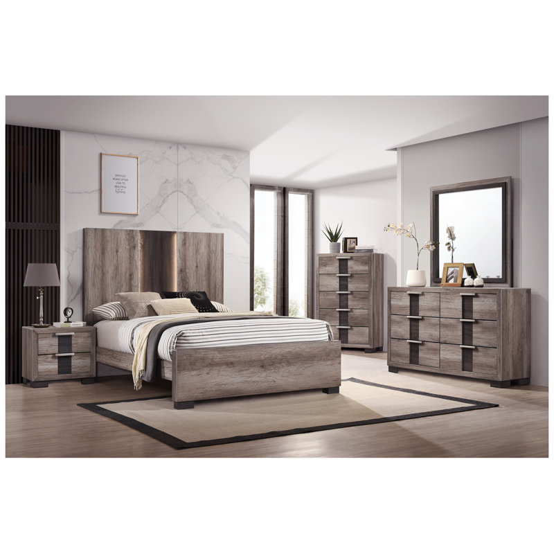 Commode contemporaine 1 pièce à cinq tiroirs avec boutons en métal brun et gris