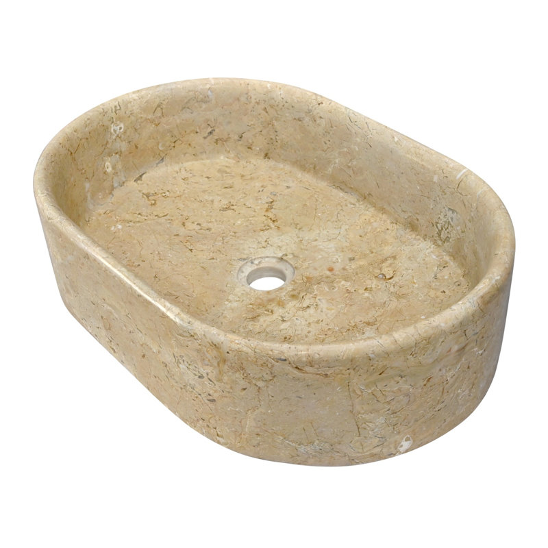 Polished Natural Marble Bathroom Vessel Sink in Golden Beige, Oval Countertop Basin with Luxurious Finish and Spacious Design for Modern Vanities