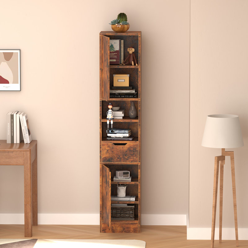 8 Tier Wooden Bookshelves and Bookcases with 2 Doors and 1 Drawer,Floor Standing Display Storage Shelves for Home, Brown