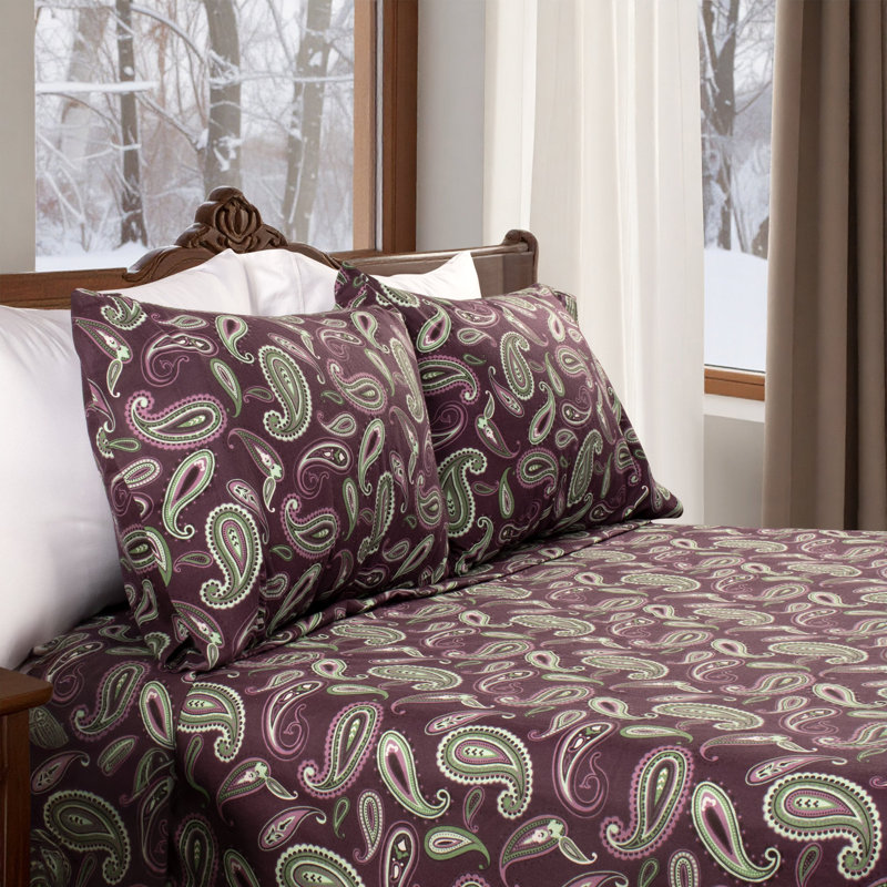 Blue Nile Mills Paisley 100% Cotton Flannel Deep Pocket Sheet Set, Queen Sheet Set with 2 Pillowcases, Purple