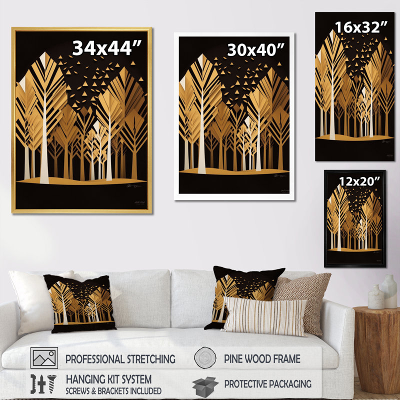 Abstrait forêt dorée sur toile, Cadre simple noir, H 44 po x l 34 po x P 1,5 po
