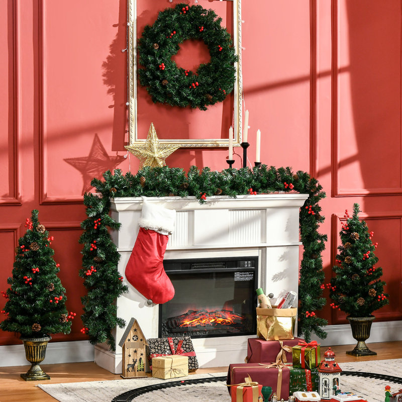 Ensemble de 4 ornements de Noël avec blanc chaud: baies rouges, pin et 2 arbres Veranda