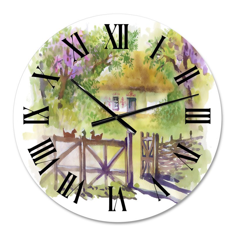 Peinture de chalet rustique dans les bois - Horloge murale traditionnelle, Moyen