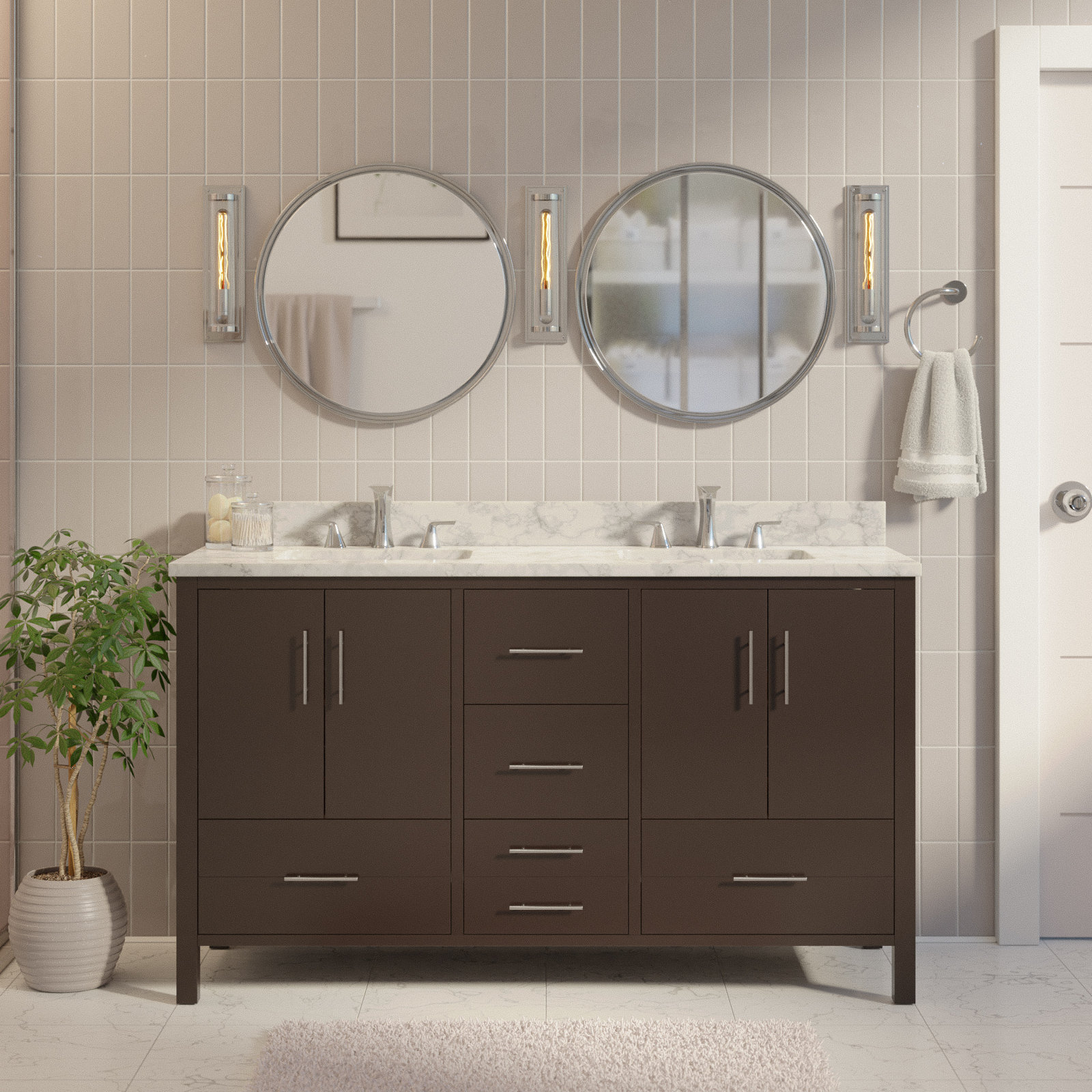 Kiara 60'' Double Bathroom Vanity, Chocolate, Carrara Marble