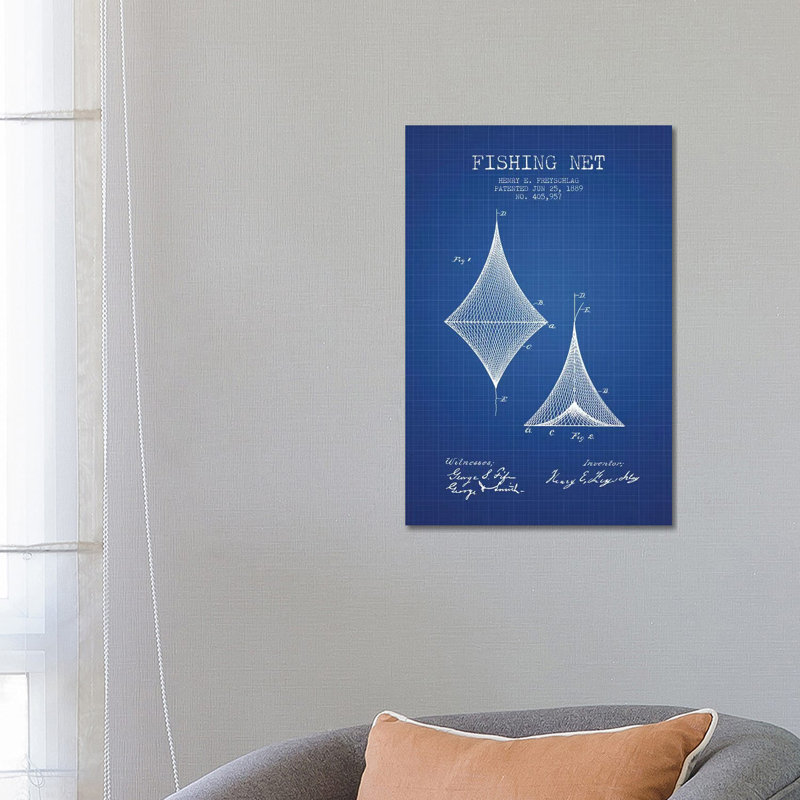 H.E. Freyschlag Fishing Net Patent Sketch (Blue Grid) by Aged Pixel - Wrapped Canvas Gallery-Wrapped Canvas Giclée