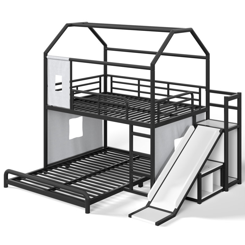 Lit superposé double en métal avec glissière, bande lumineuse et tablettes, Noir