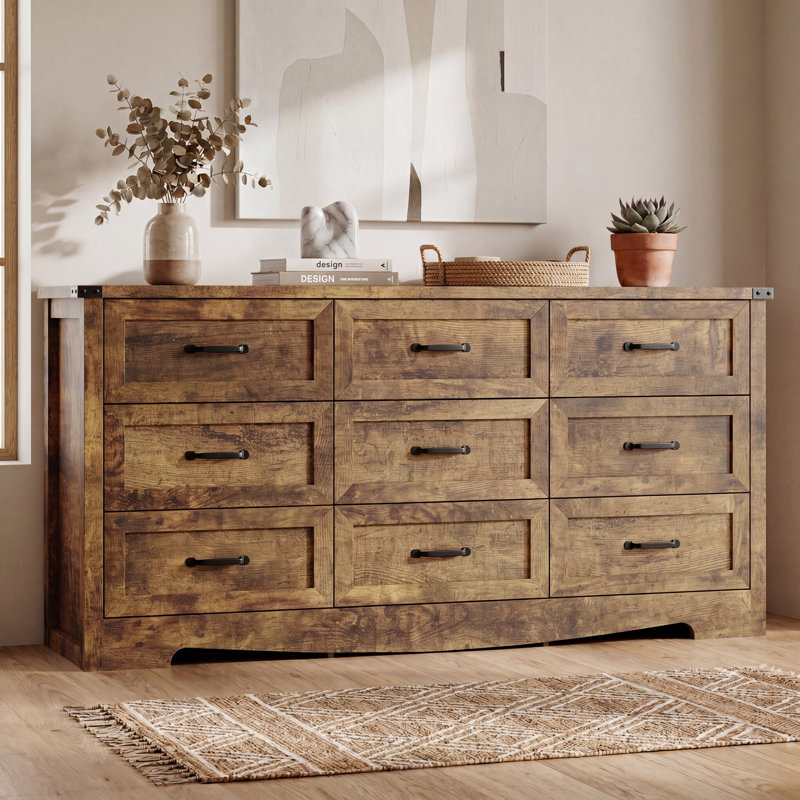 Rustic 9 Drawer Dresser Cabinet ,59''W Modern Table Storge Chest of Drawers Sideboard,Bar Cabinet with Metal Handle Pulls For Dining Room,Living Room,Bedroom