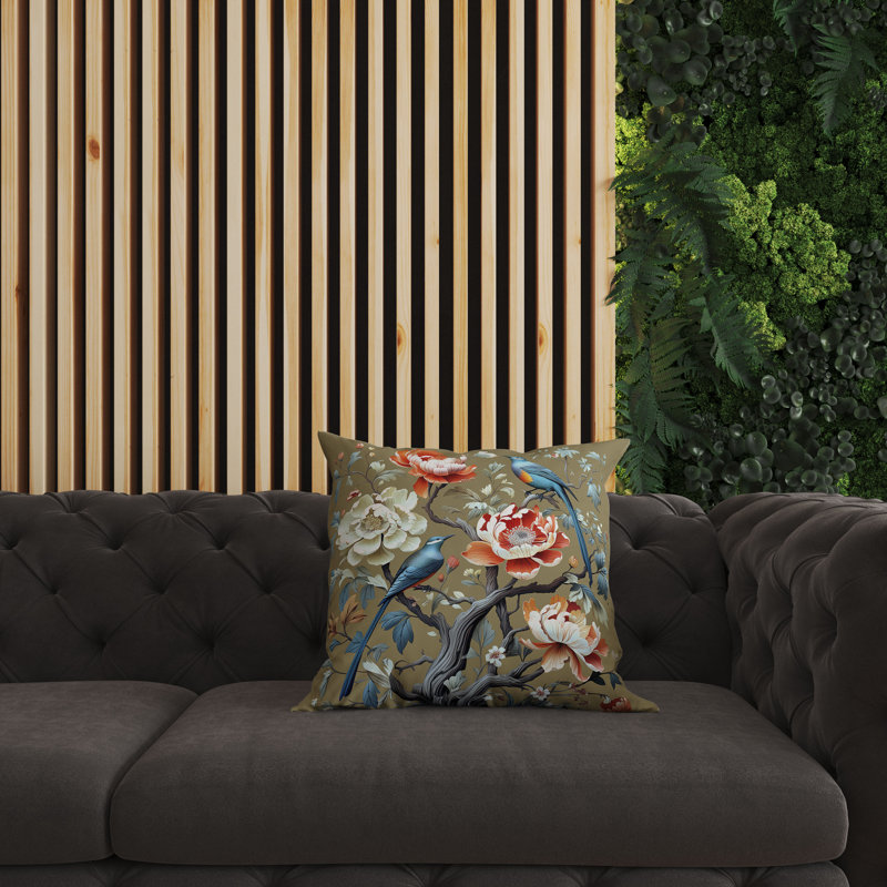 Botanical Bird Reversible Square Throw Pillow in Blue and Orange