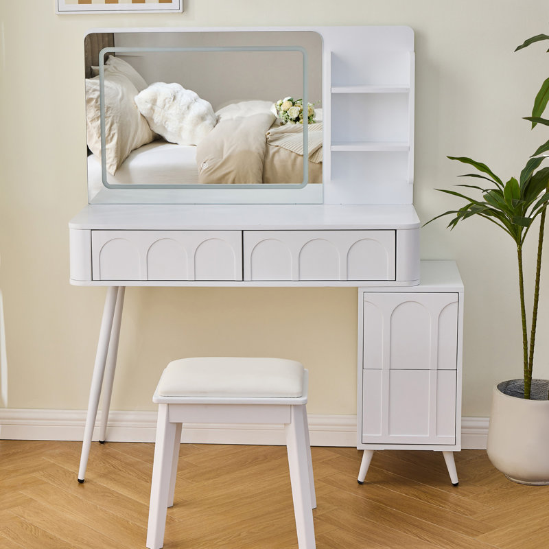 Meuble-lavabo moderne avec lumières DEL et miroir, ensemble de coiffeuse 4 tiroirs avec tabouret, luminosité réglable en 3 couleurs, peu encombrant pour la chambre à coucher, blanc