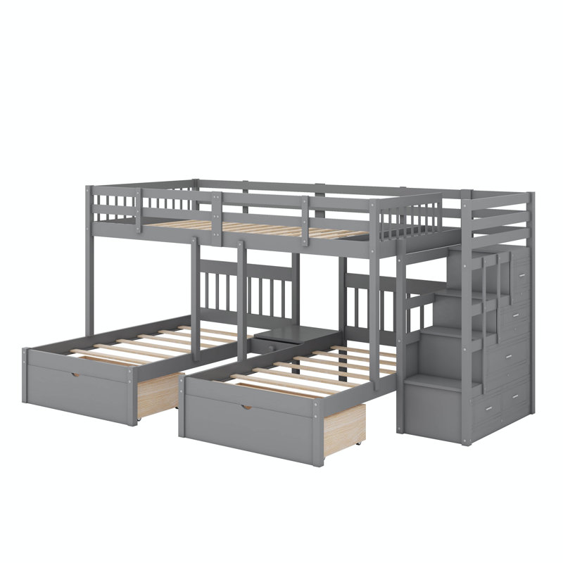 Lit superposé double au-dessus de simple et double, construit avec des sections de rangement, Gris