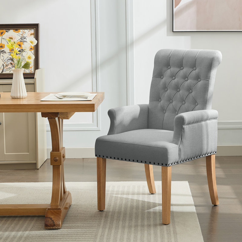 Tufted Upholstered High Back Dining Armchair, Linen, Light Grey Linen