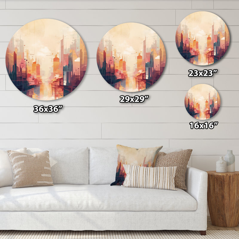 «Modern Cubism Cityscape I», art mural rond sur métal City, H 36 po x l 36 po x P 1 po