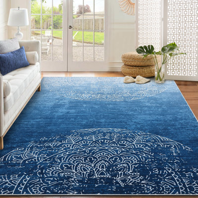 Grand tapis 9 x 12 lavables Tapis ombré bleu à motif abstrait patiné avec envers antidérapant, tapis à médaillon moderne, tapis à poils courts et résistant aux taches pour salon / chambre à coucher