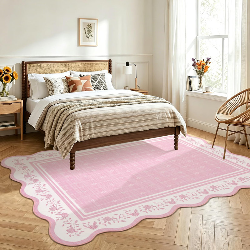 Tapis festonné lavable, tapis de salon, revêtement de sol, tapis d'appoint moderne à bordure, Rose, 9*12