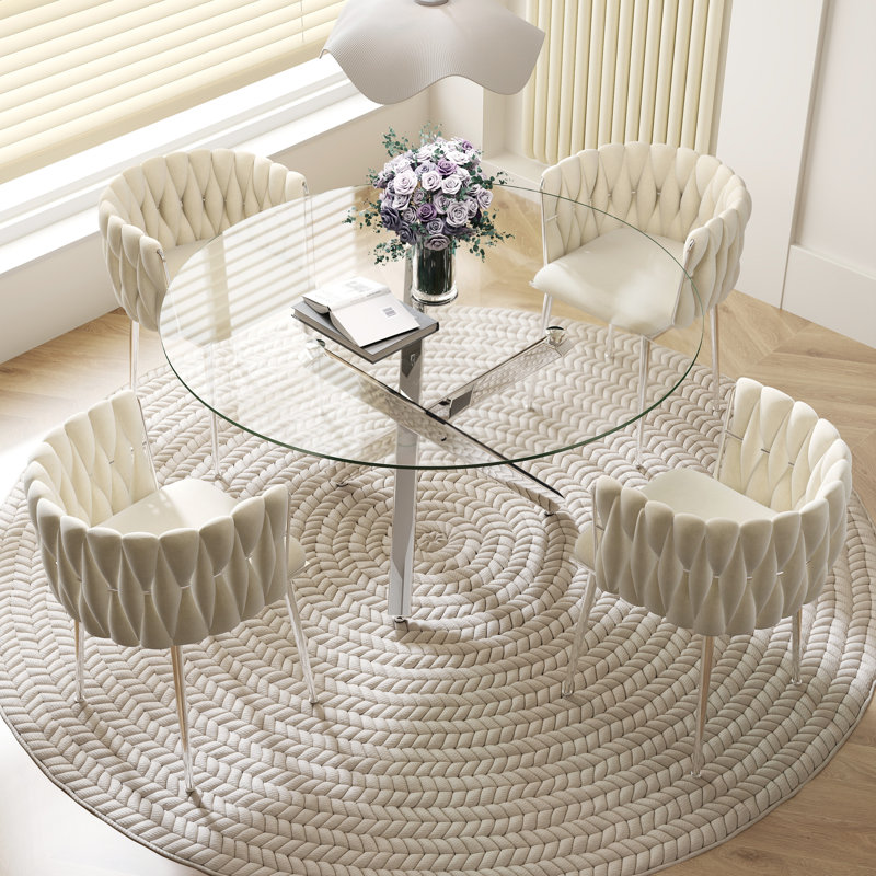 Ensemble de salle à manger Ayron, table de salle à manger avec pieds croisés et chaise de salle à manger en velours, Beige