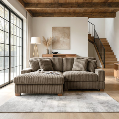 2 - Piece Upholstered Light Brown Faux Rabbit Fur Flannel Modular Sectional Sofa with Armrests & Throw Pillows