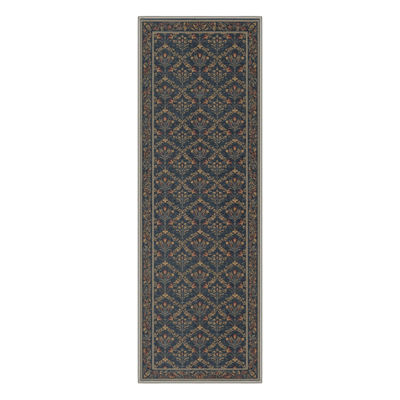 Floral Vines Machine Washable Slate Navy Indoor Area Rug With Non-Slip Backing, Runner 2'3" x 6'