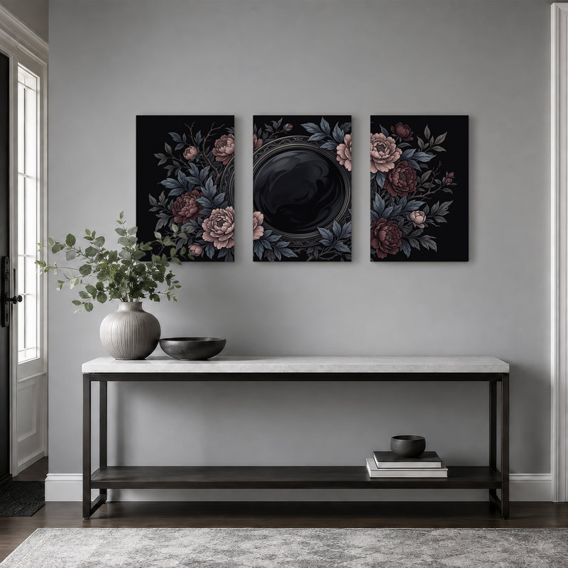 Pivoines en rose pâle et gris avec ensemble de 3 toiles encadrées, H 30 po x l 20 po x 3 pièces