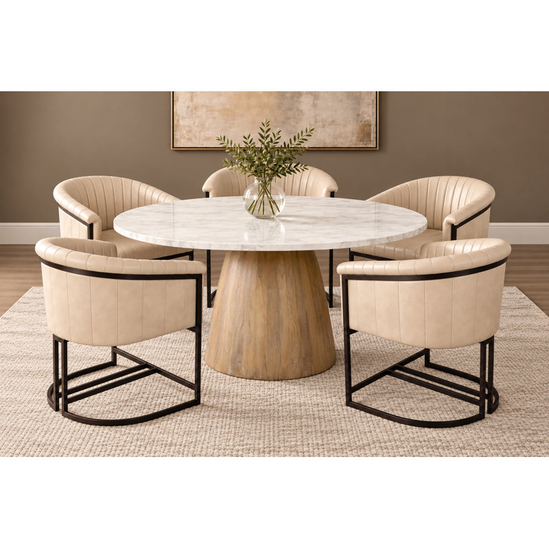 Petra 54'' Marble Top Dining Table with 5 Leather Chairs, Beige, Cream, Brown