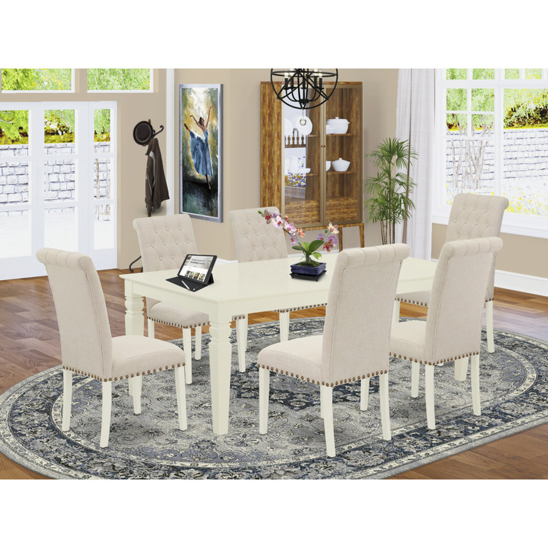 Ensemble de table de salle à manger 9 pièces comprenant une table de cuisine rectangulaire à feuilles de papillon et 8 chaises rembourrées en tissu de lin sable clair, 42 x 84 po, noir