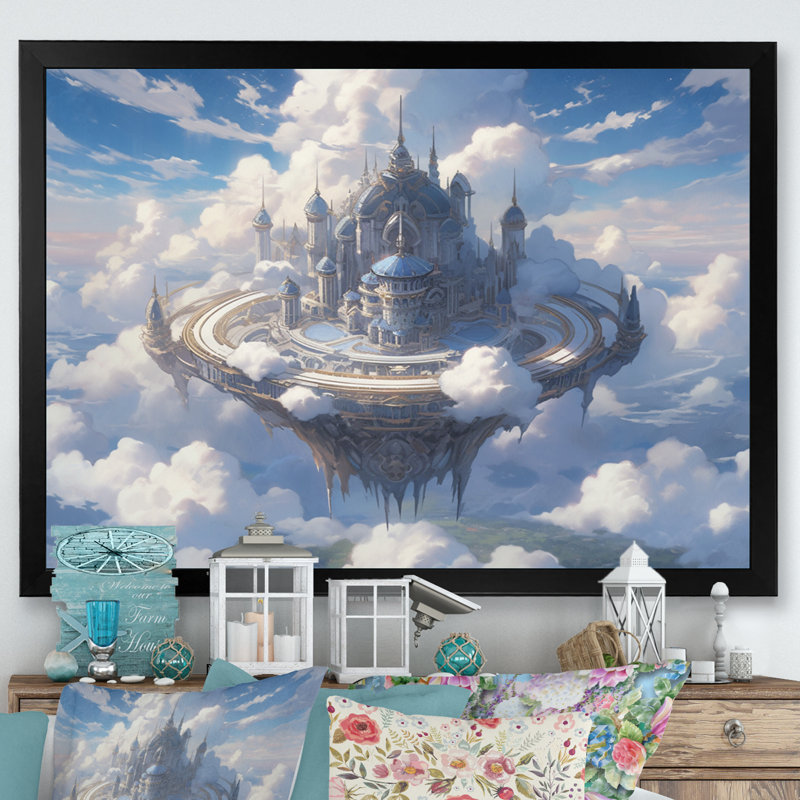 Château dans les nuages II sur toile, H 12 po x l 20 po x P 1 po, Cadre simple noir